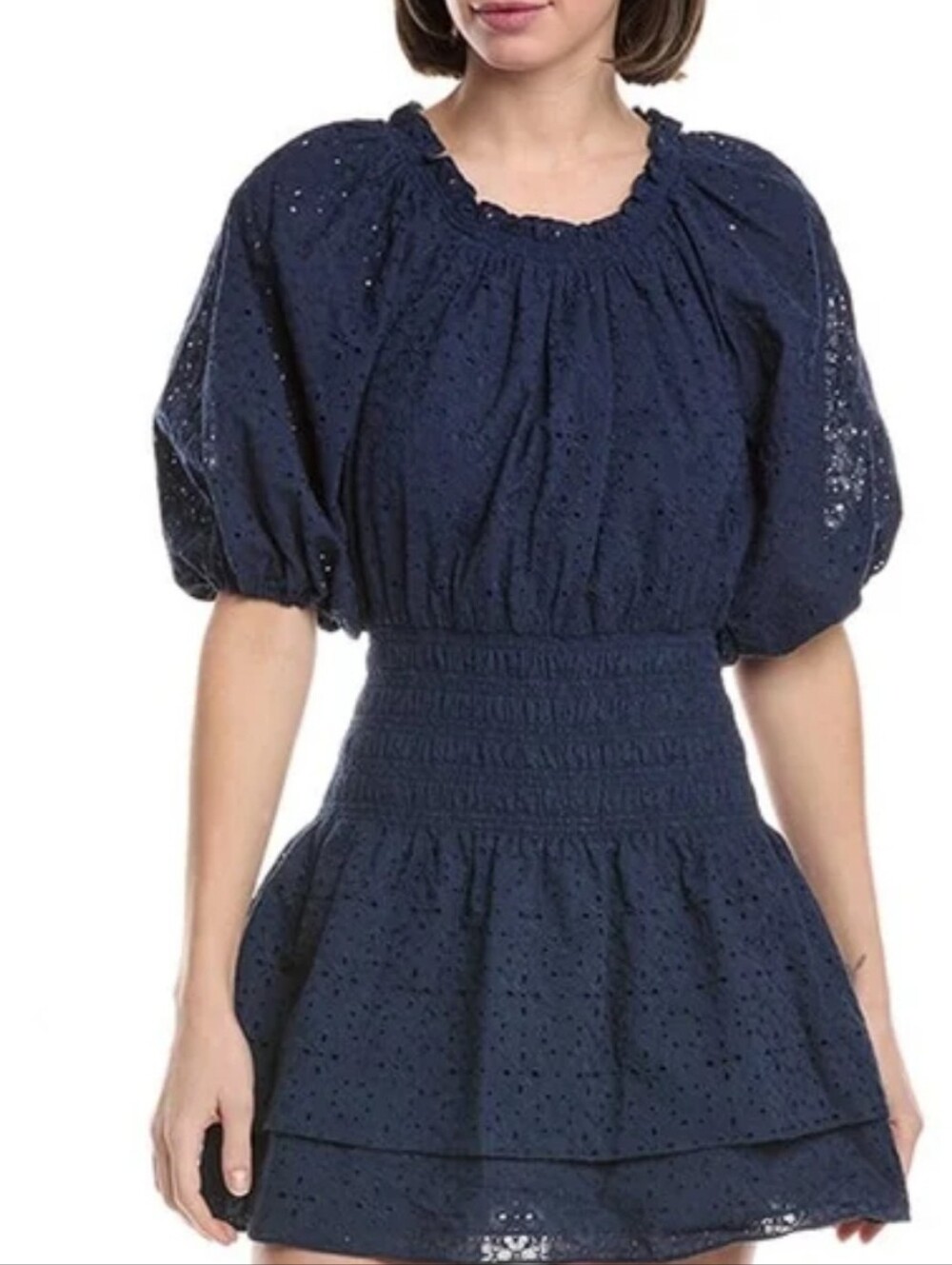 RAMY BROOK Sawyer Navy Eyelet Puff Sleeve Smocked Waist Dress Sz L NEW